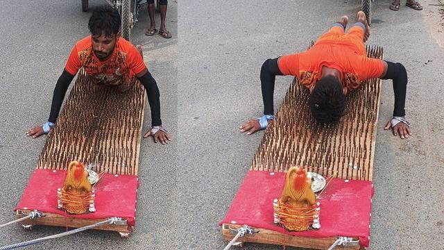 अनोखी शिवभक्ति!... लोहे की नुकीली कीलों पर दंडवत हो कांवड़ ला रहे अलीगढ़ के संजय
