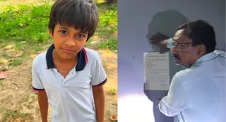 वैभव की फाइल फोटो व आरोपी के घर नोटिस चस्पा करते अधिकारी। जागरण