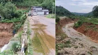 जिला कांगड़ा के सुलह में क्षतिग्रस्त भदरोल पुल पर रखे पत्थर। जागरण
