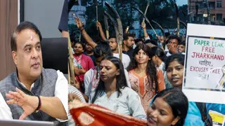 असम के मुख्यमंत्री हिमंत बिस्वा सरमा और रांची में प्रदर्शन करते आंदोलनकारी। (फाइल फोटो)