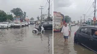 पांवटा साहिब में चंडीगढ़-देहरादून हाईवे पर जलभराव।