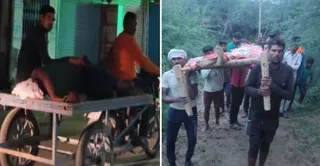 जुगाड़ मालवाहक से घायल बेटे को सीएचसी अछल्दा ले जाते अनिल व ग्राम कुइया झोर के कच्चे रास्ते से चारपाई पर लिटाकर सरमन दास को ले जाते स्वजन। स्रोत ग्रामीण