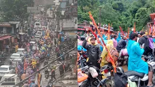 गौरीकुंड हाईवे पर तिलवाडा में मार्ग अवरुद्ध होने से जाम में फंसे कांवड़ यात्री