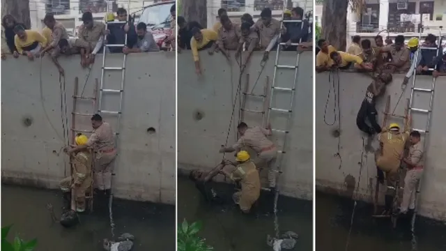 गाजियाबाद के शास्त्रीनगर में नाले के दलदल में फंसा युवक, दमकल ने रस्सी-सीढ़ी से किया रेस्क्यू