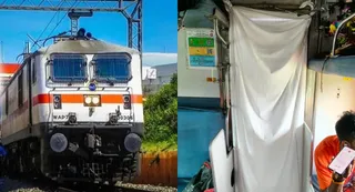 मौर्य एक्सप्रेस के कोच नंबर बी थ्री के टूटे दरवाजे पर टंगी बेडशीट। फोटो- इंटरनेटमीडिया