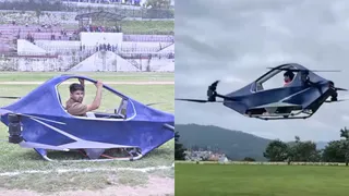 अल्माेड़ा के एचएनबी खेल स्टेडियम में अपने हवा में उड़ने वाले वाहन के साथ रवि टम्टा