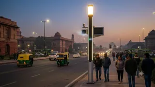 मध्य दिल्ली में स्मार्ट पोल रोशनी के साथ बता रहे हवा की गुणवत्ता।