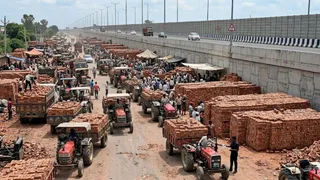 यमुना एक्सप्रेसवे की सर्विस रोड पर ईंटों से भरे ट्रोले खड़े होकर अवैध मंडी बना रहे हैं। इमेज एआई