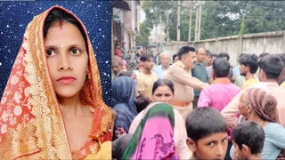 महिला की हत्या के बाद आक्रोशित स्वजन को शांत कराते चौकी प्रभारी संजय त्यागी और इनसेट में मृतक मिथलेश का फाइल फोटो