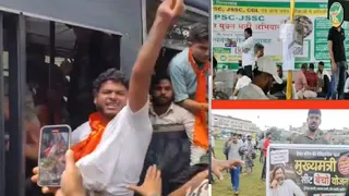 रांची में झारखंड विधानसभा घेराव के दाैरान गिरफ्तार शुभम हजारी और प्रदर्शन करते आंदोलनकारी छात्र। (फोटो सौजन्य)