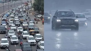 नोएडा एक्सप्रेसवे पर हुई वर्षा के बीच जाते वाहन और एनएच-9 पर लगा जाम। जागरण