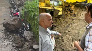 शिमला में भूस्खलन से क्षतिग्रस्त वाहन व निरीक्षण करते शहर के मेयर। जागरण