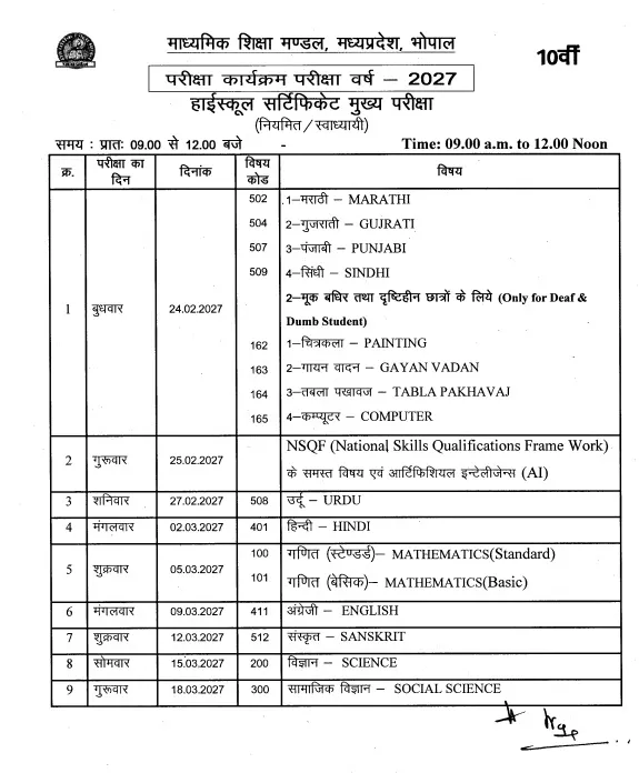 mp board time table
