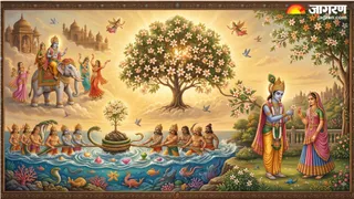 पारिजात वृक्ष की अद्भुत कहानी समुद्र मंथन से स्वर्ग और धरती तक का सफर (Picture Credit: AI Generated)