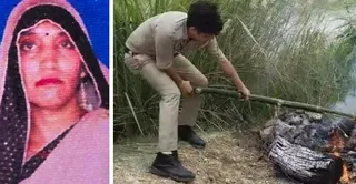 ठठिया के सुखी पुल के पास नहर किनारे जलती चिता को बुझाकर किरन के शव के अवशेष निकालते पुलिस कर्मी। जागरण