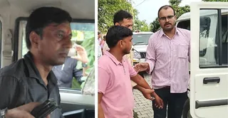 एंटी करप्शन टीम की गाड़ी में बैठा जेई अजीत राजपूत व एसएसओ चंद्रभान (बाएं) को गाड़ी में बैठाती एंटी करप्शन टीम। स्रोत : जागरूक पाठक