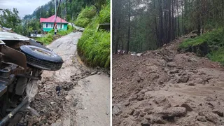कुल्लू में एनएच 305 धंसने से पलटी गाड़ी व सड़क पर आया मलबा। जागरण