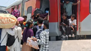 ट्रेनों में जबरदस्त भीड़ और ट्रेन के दरवाजे पर बैठे यात्री