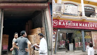 संभल में शाही जामा मस्जिद के पीछे बनी दुकान की पैमाइश के दौरान जानकारी करते जेई सचिन कुमार और जामा मस्जिद के पीछे बनी दुकान व मकान