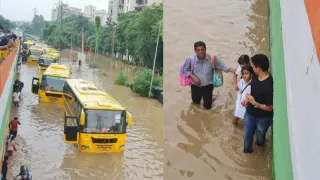 गुरुग्राम में पानी में नौ स्कूली बसें फंस गई, दो घंटे तक पानी में फंसे रहे बच्चे। फोटो: जागरण