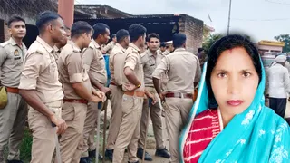 बलिया में तेंदुए के हमले से महिला की मौत के बाद तैनात पुलिस फोर्स और इनसेट में मृतक महिला मिथिलेश सैनी की फाइल फोटो