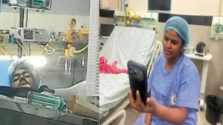 एसएन में गुर्दा प्रत्यारोपण के दो दिन बाद किडनी ट्रांसप्लांट यूनिट में भर्ती पति महेंद्र से वाट्स एप काल पर बात करतीं वार्ड में भर्ती मीना