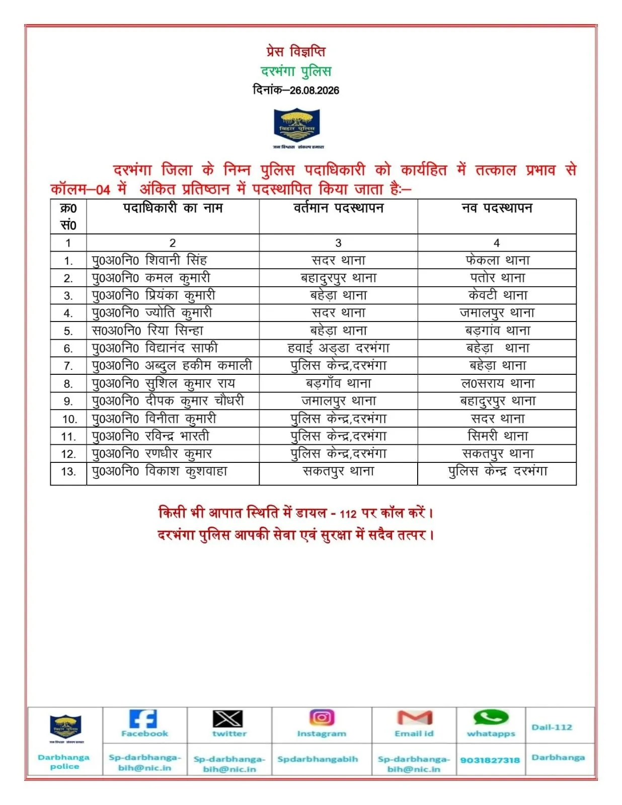 Darbhanga police transfer posting list