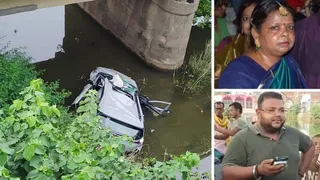 पुल के नीचे गिरी कार। मधु वर्मा (ऊपर) तथा पुनीत स्पर्श फाइल फोटो। सौ. स्वजन