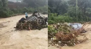 पानी में बही कार। फोटो- वीडियो ग्रैब