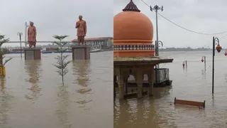 यमुना बैंक रोड स्थित कालीघाट प्रेरणा स्थल बाढ़ के पानी में डूबा और बलुआघाट बारादरी बाढ़ के पानी में डूबी