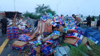 गाजीपुर में पूर्वांचल एक्सप्रेसवे पर पलटा सेब लदा ट्रक, बिखरे सेब लूटने उमड़ी भीड़।