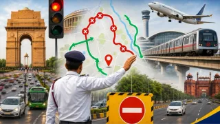 दिल्ली ट्रैफिक पुलिस ने शनिवार को सुबह 10 बजे से शाम 4 बजे तक दिल्ली के प्रमुख मार्गों पर ट्रैफिक डायवर्जन और नियंत्रित आवाजाही की घोषणा की है। एआई इमेज