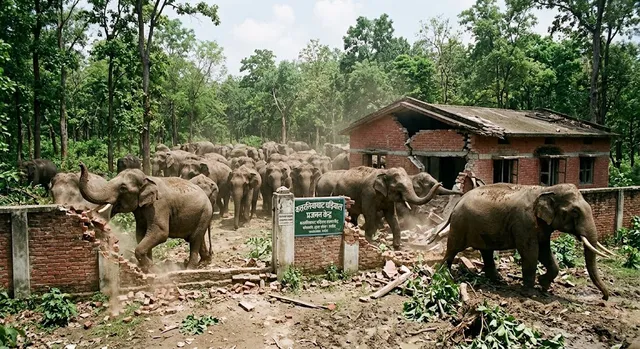 बहराइच के कतर्नियाघाट घड़ियाल सेंटर पहुंचा 40 हाथियों का झुंड, बाउंड्रीवॉल और सरकारी आवास तोड़े
