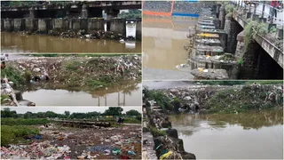 अजनार में, घाट पर, पुल के नीचे कचरे का अंबार। (फोटो- जागरण)