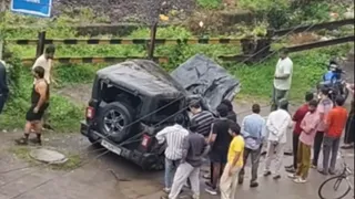 थार पुल की रेलिंग तोड़कर 50 फीट नीचे गिरी। (सोशल मीडिया)