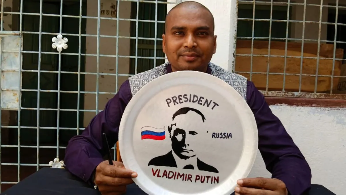 motihari sand artist madhurendra sketches brics world leaders photos on leaves 2