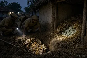 दिल्ली पुलिस जमीन के अंदर दबाकर रखे गए सोने-हीरे के 115 आभूषण और भूसा घर में छिपाकर रखे गए 4.37 लाख नकद बरामद किए। एआई इमेज