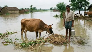 बाढ़ में डूबा पशुचारा, खगड़िया में 20 किलो दूध देने वाली गाय अब दे रही 10 किलो (AI Generated Image)