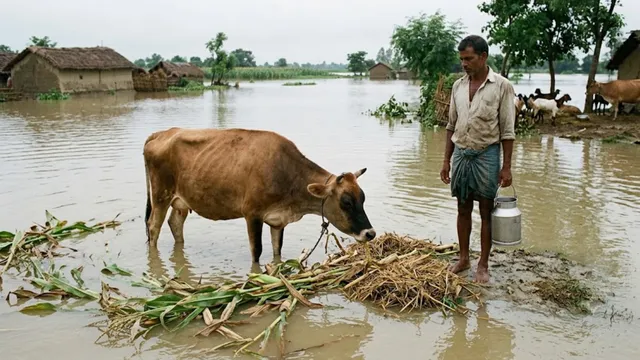 बाढ़ में डूबा पशुचारा, खगड़िया में 20 किलो दूध देने वाली गाय अब दे रही 10 किलो
