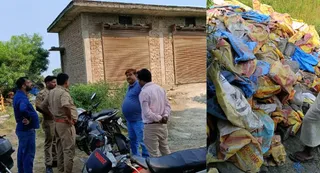 बाएं से मौके पर जांच करती पुलिस व गोदाम के पीछे काट कर फेंकी गई सीमेंट की खाली बोरियां। जागरण