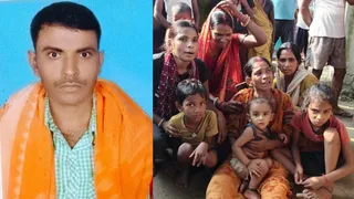 मृतक की फाइल फोटो और मां के साथ तीनों बच्चे व स्वजन। सौजन्य जागरण