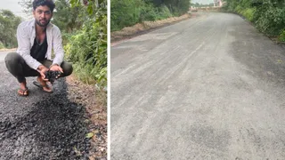 मथुरा में नई बनी सड़क का हाल दिखाता युवक। दूसरे फोटो में ठेकेदार द्वारा तारकोल की सड़क पर कराया गया सीमेंट का घोल।