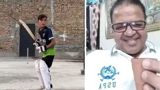 पाकिस्तान में बल्लेबाजी का अभ्यास करता अरहम और आगरा में क्रिकेट कोच केके शर्मा।