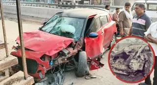 स्विफ्ट कार अनियंत्रित होकर सर्विस रोड पर डिवाइडर से जा टकराई। जागरण