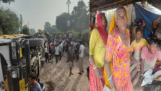 अनूपशहर में पलटा डंपर और विलाप करते बच्चे के स्वजन।