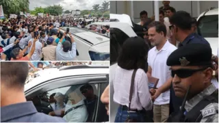 राहुल गांधी के इंदौर पहुंचने पर एयरपोर्ट के बाहर कांग्रेस कार्यकर्ताओं का हुजूम उमड़ पड़ा।