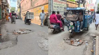 वाराणसी के लक्सा-औरंगाबाद मार्ग पर गड्ढों से बढ़ा हादसों का खतरा, स्थानीय लोग परेशान।
