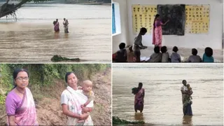 कंधे पर बच्चों का भविष्य और सामने उफनती नदी।