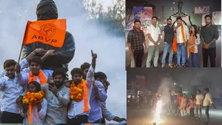 Delhi University Election में जीत के बाद धनबाद में जश्न मनाते ABVP के कार्यकर्ता। फोटो साैजन्य)