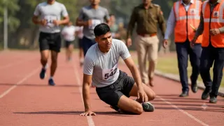 भर्ती में दौड़ लगाने के दौरान ट्रैक पर गिरा अभ्यथी, मौत। फोटो: एआई जनरेटेड